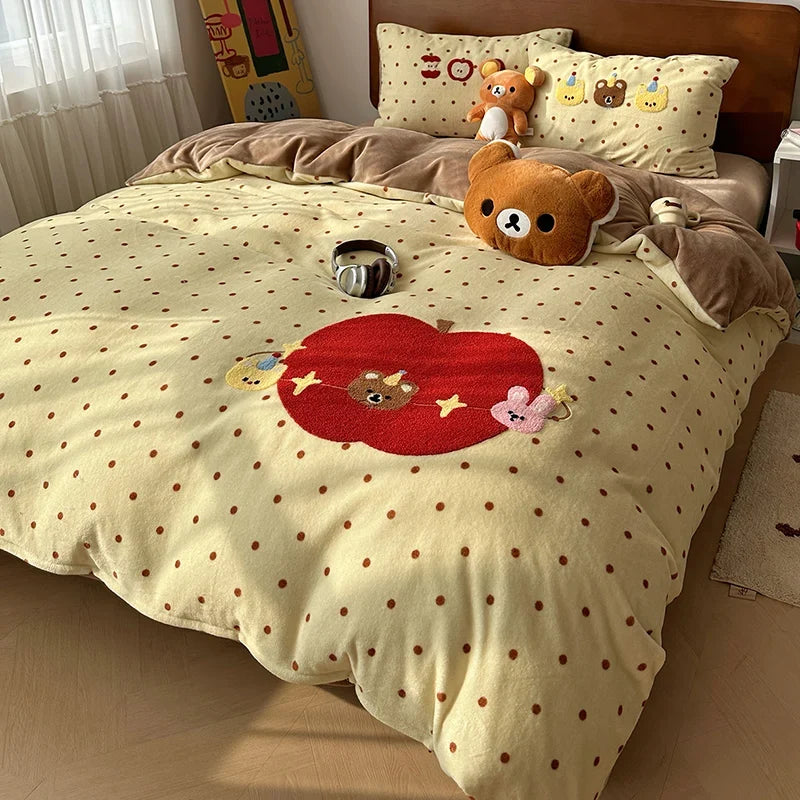 Kawaii Bear Embroidered Winter Bedding Set