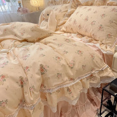 3/4Pcs Korean Princess Style Floral Lace Ruffle 100% Cotton Bedding Set