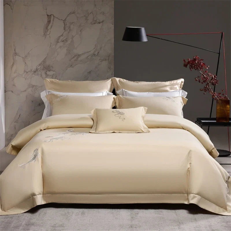 Chinese Style Koi Embroidery 1000TC Lyocell Cotton Brushed Bedding Set