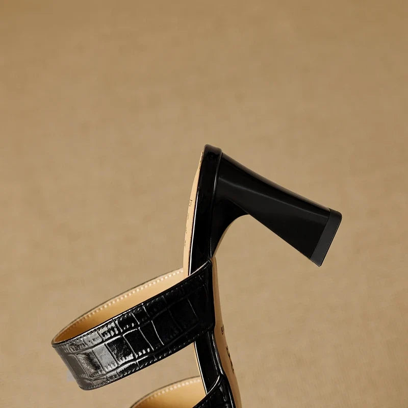 leather embossed cowhide high-heeled retro open toed fish mouth Shoes