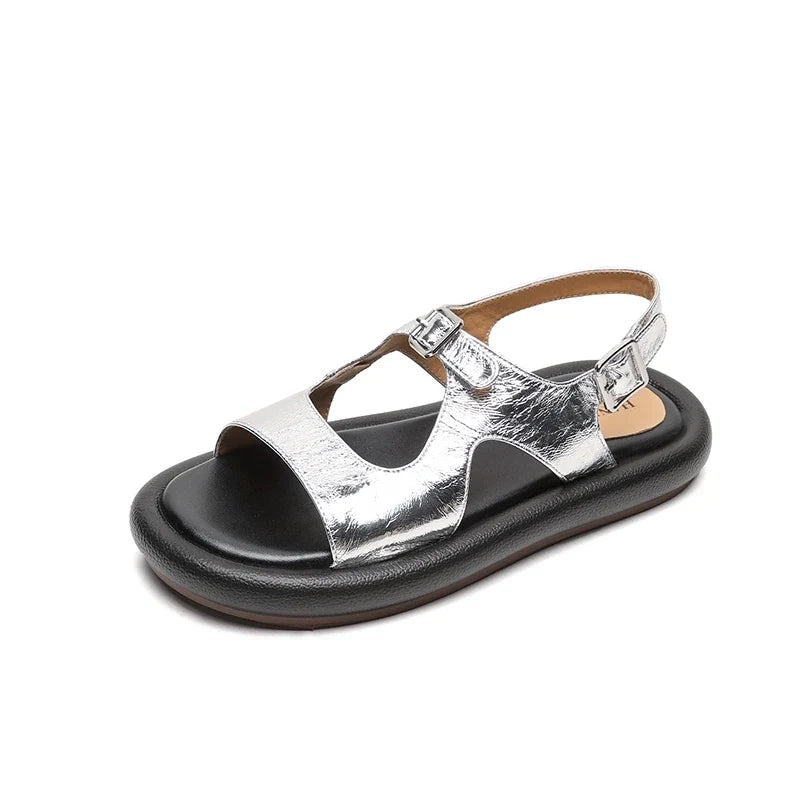 Leather Cowhide Retro Thick-Soled Elastic Buckle Middle Heel