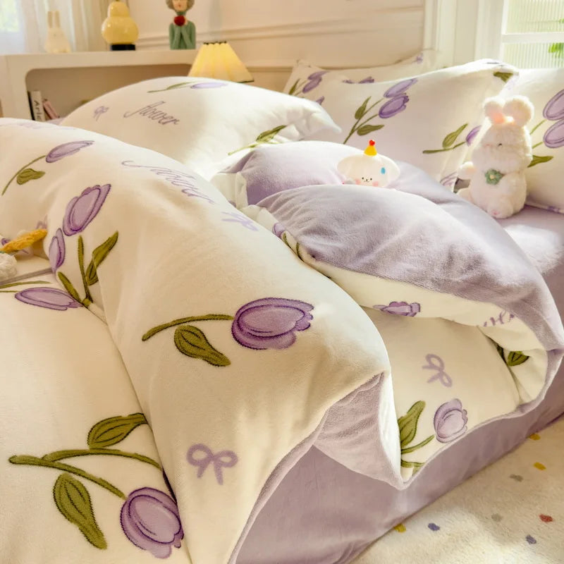 Cartoon Print Milk Velvet Duvet Cover Set Sheet Pillowcase Winter Plush Comforter Cover Set Home Textile Queen King Bedding Set