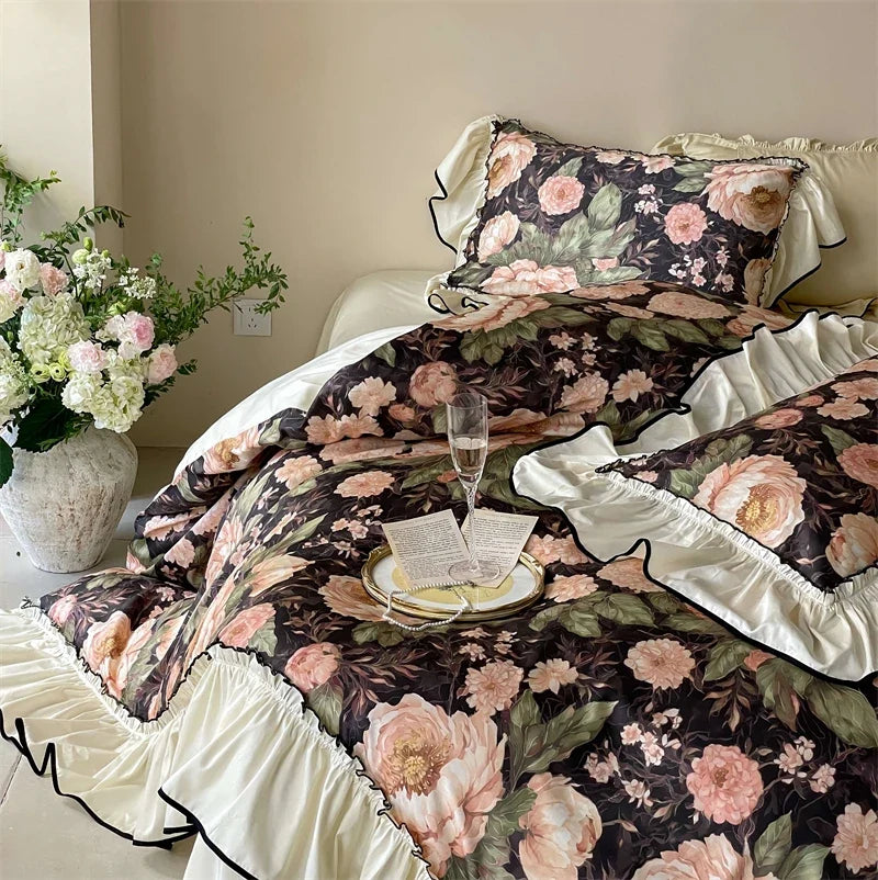 Premium 1000TC Egyptian Cotton Flowers Print Ruffles Princess Bedding Set
