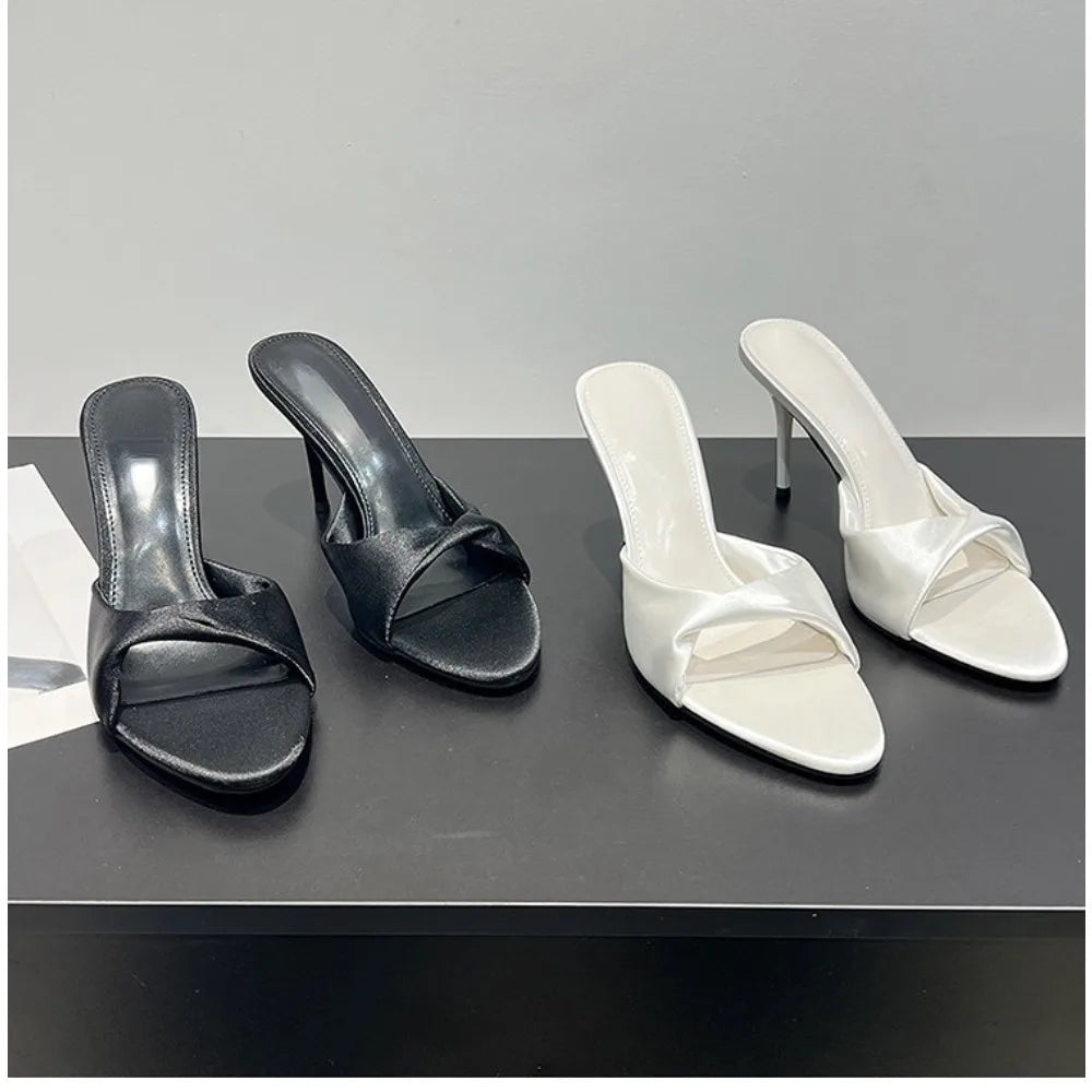 White Pointed Satin Stiletto Slippers for Women Open-toe Single-strap High-Heel