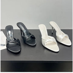 White Pointed Satin Stiletto Slippers for Women Open-toe Single-strap High-Heel
