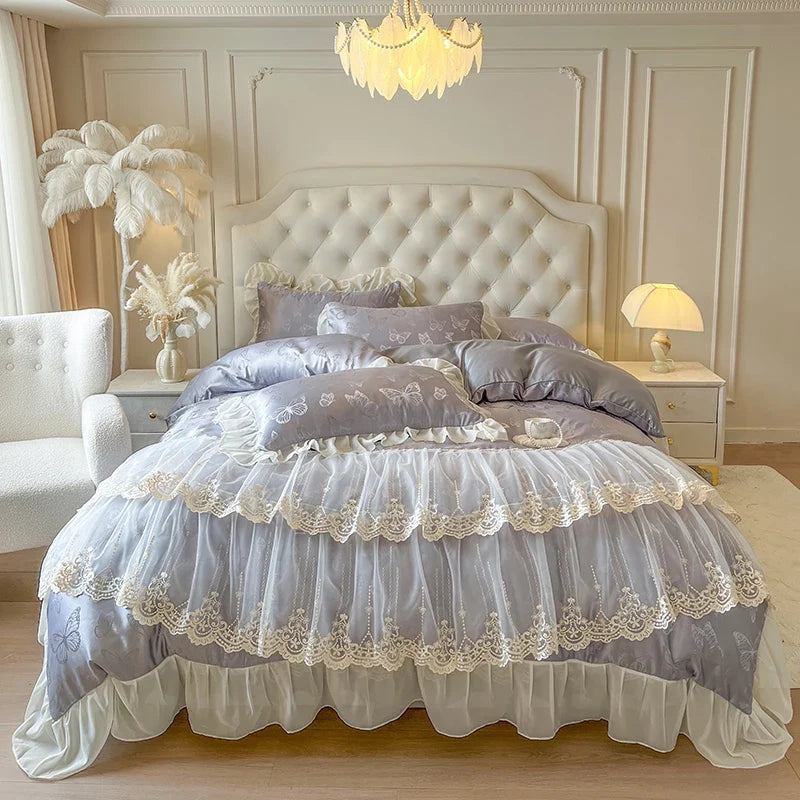 4/6Pcs Pink Butterfly Jacquard Three-layer Lace Ruffles Princess Wedding Bedding Set