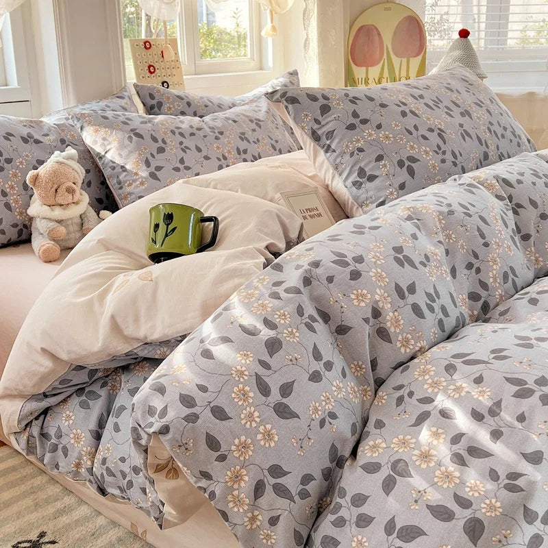 Japanese Style Floral Printed Queen Quilt Cover Set 3/4 Pcs Soft Cotton Bedding Set