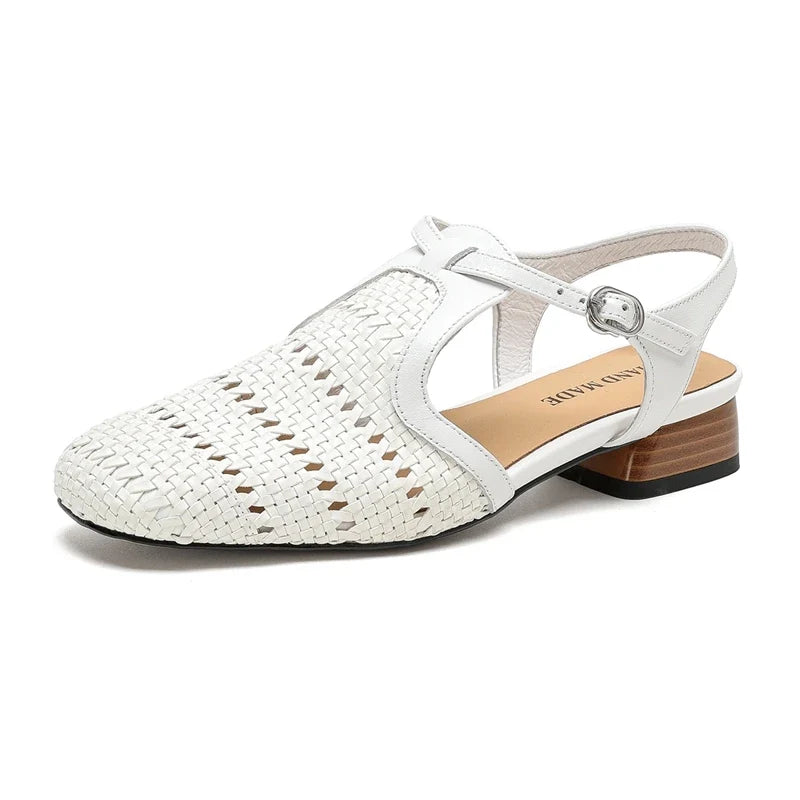 cowhide woven elastic hollow breathable mid Heel