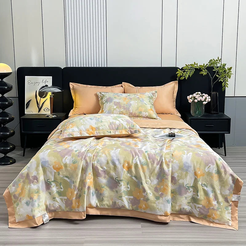 Summer Printed Quilt Set with Pillowcase Washed Cotton Bedding Set