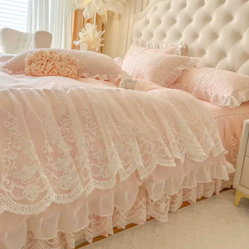 4/6Pcs Pink Princess Wedding Lace Embroidery Korean Style Bedding Set