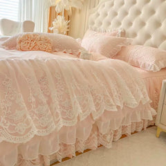 4/6Pcs Pink Princess Wedding Lace Embroidery Korean Style Bedding Set