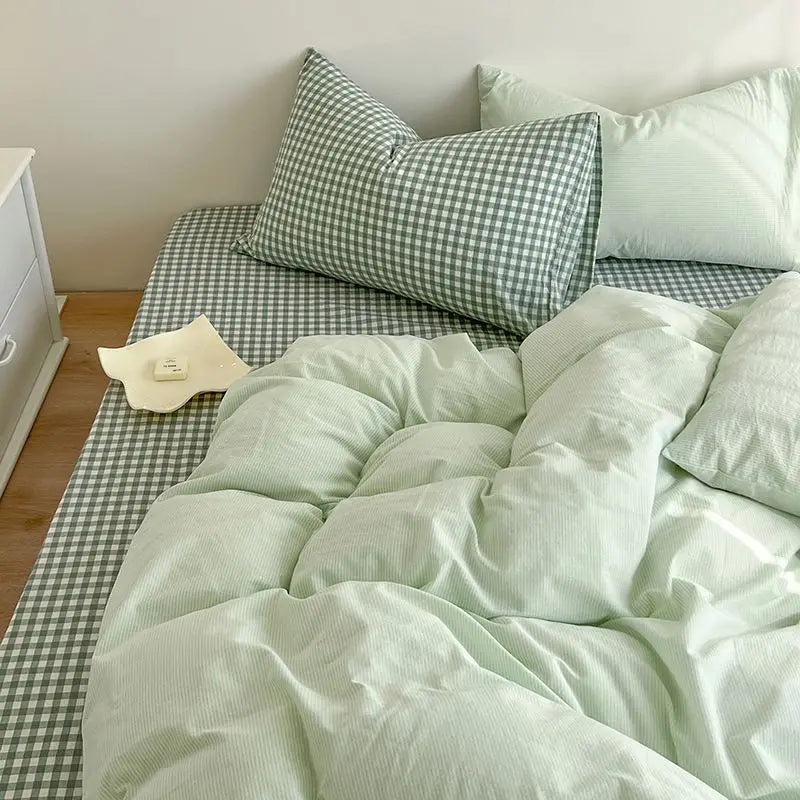 Nordic Duvet Cover Set with Zipper Simple Plaid Flat Sheet Pillowcases No Filler Pink Blue Hotel Twin Queen Size Bedding Set