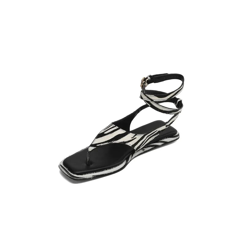 zebra print horsehair clip toe loose buckle flat bottom low Heel