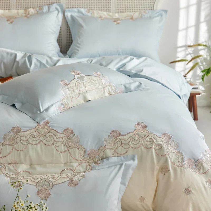 1000TC Egyptian Cotton Luxury Rose Embroidery Blue Pink Green Bedding Set