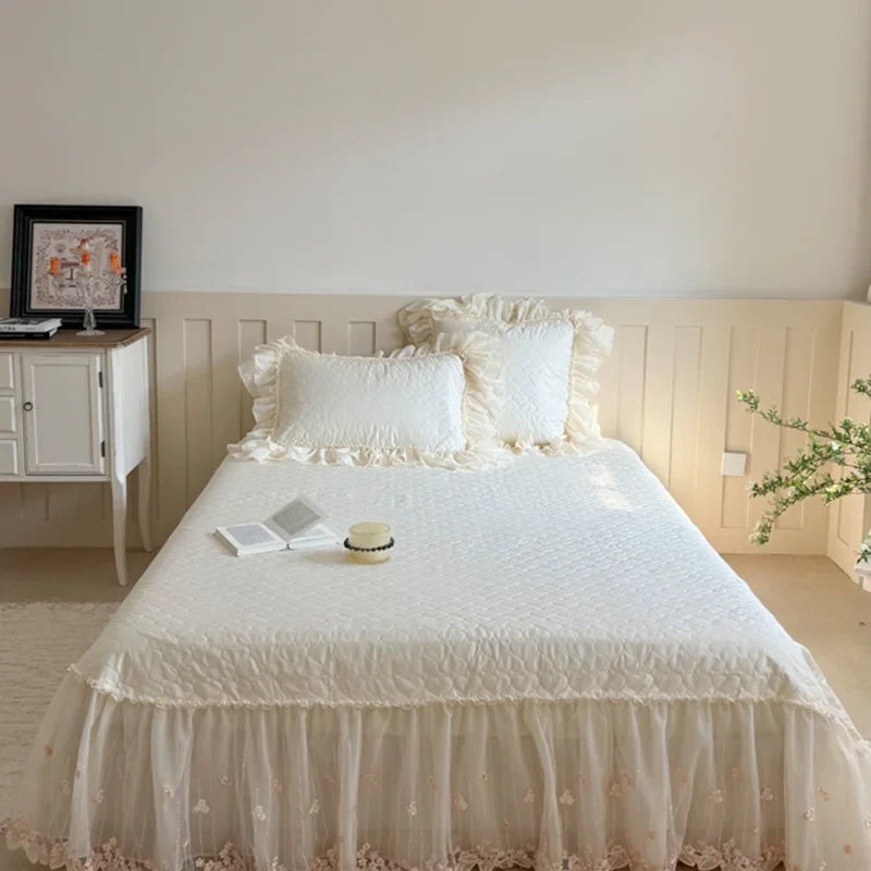 4Pcs Romantic Double Layer Lace Princess Wedding Bedding Set