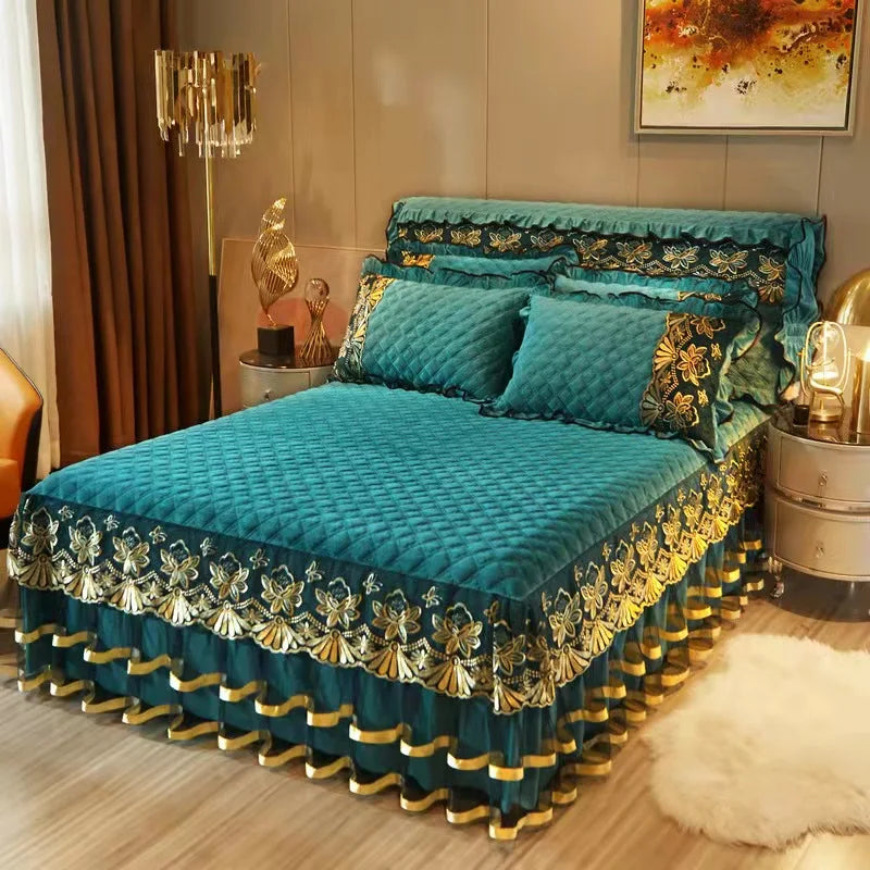 European Style Winter Lace Embroidery Bed Skirt Set High Quality Thickened Bed Cover Bedding Set