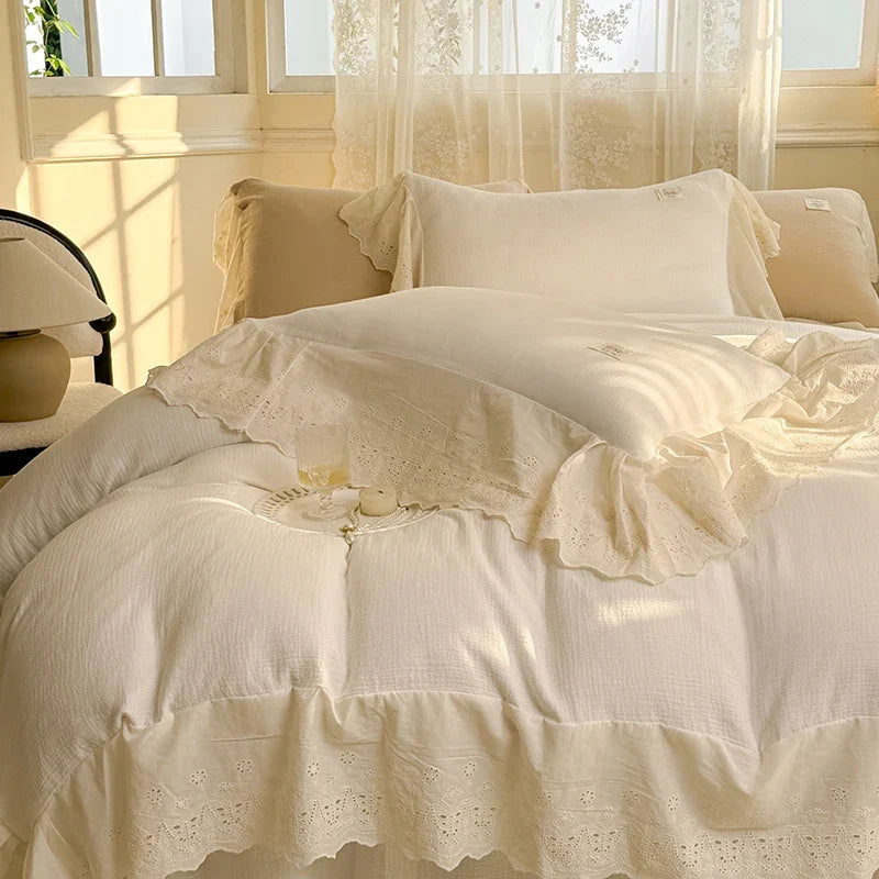 Vintage French Lace Ruffles 100% Cotton Double Yarn Soft Comfortable Bedding Set