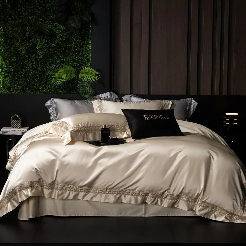 1000TC Egyptian Cotton Soft Silky Brocade Lace Champagne Luxury Bedding Set