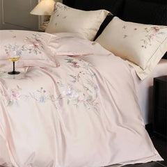 Premium 1000TC Egyptian Cotton Flowers Embroidery Pink Luxury Bedding Set