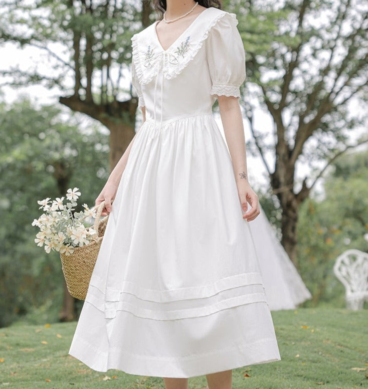Heidi Flower Embroidered White Cottagecore Dress