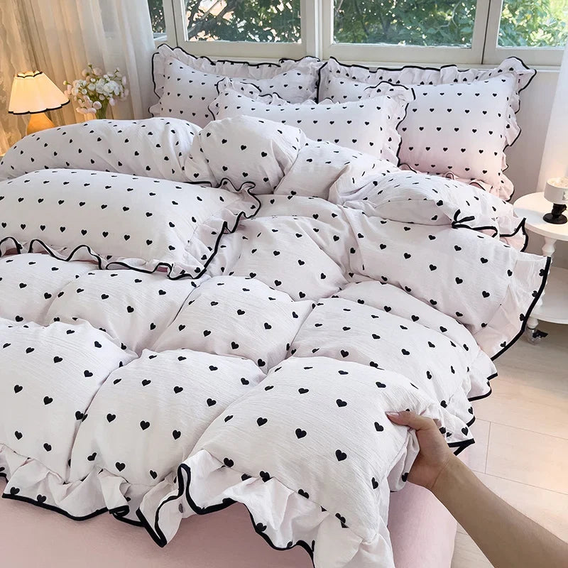 Heart Print Duvet Cover Set Princess Style Lace Ruffles Bedding Set