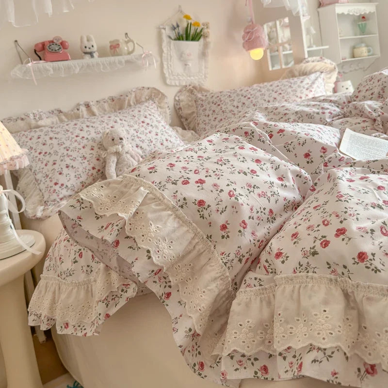 100% Cotton Double Layer Lace Ruffle Floral Bedding Set