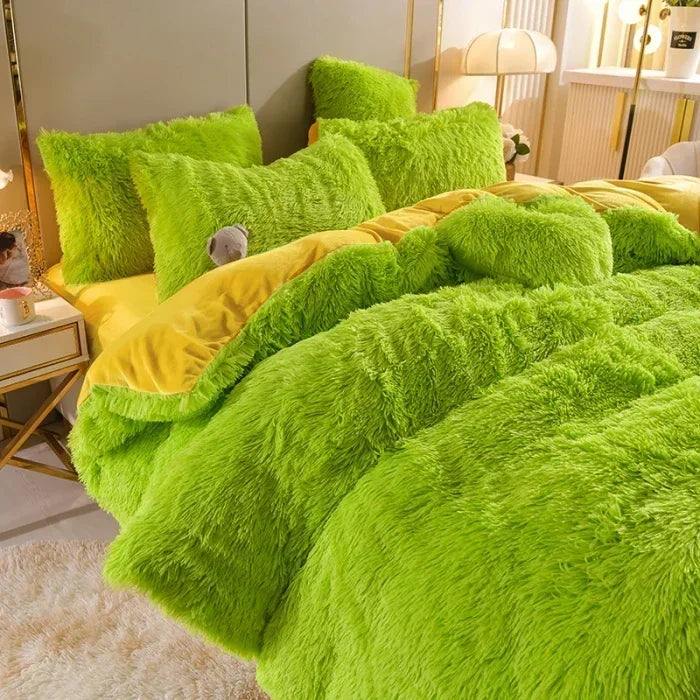 Solid Color Fluffy Long Plush Winter Bedding Set
