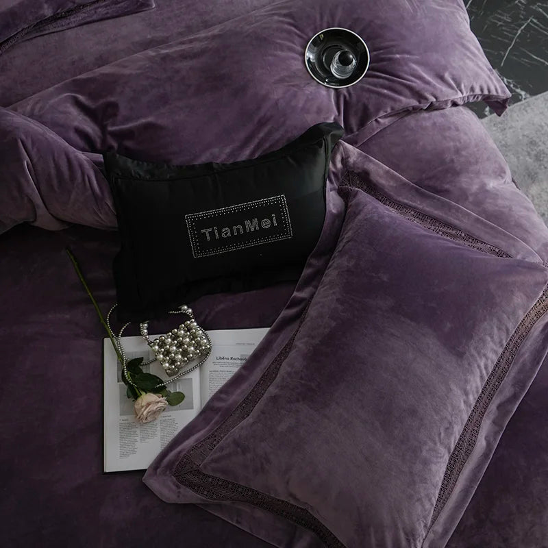 4Pcs Winter Thickened Milk Velvet Luxury Purple Bedding Set