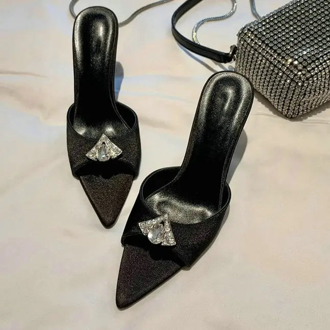 Wedding Slippers Ladies Satin Rhinestone Slides Ladies Bridesmaid Slippers Solid Color Women Heels