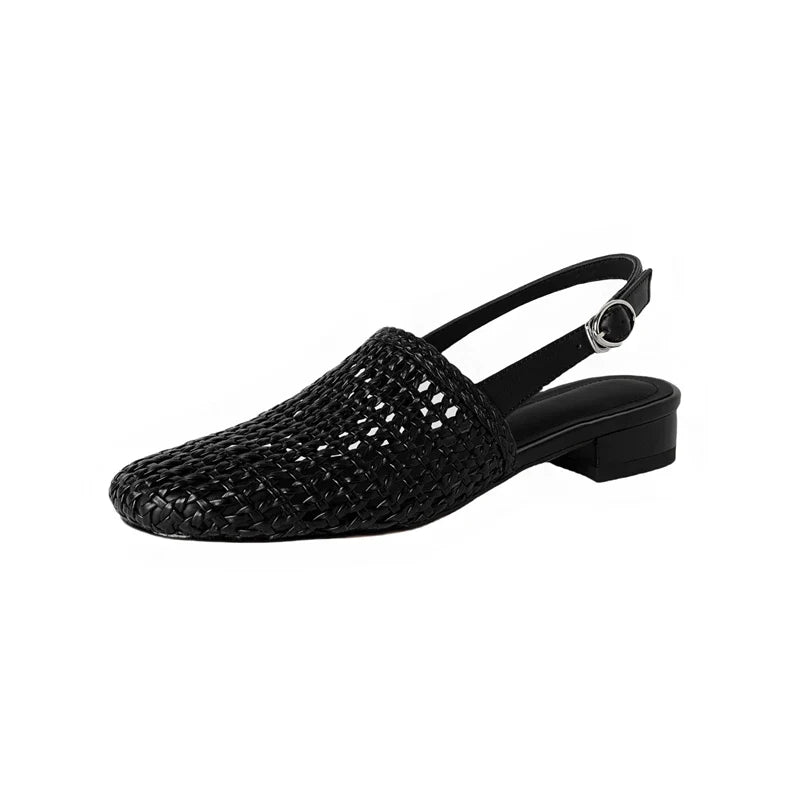 Square Headed Cowhide Woven Elastic Band Breathable Hollow Low Heel