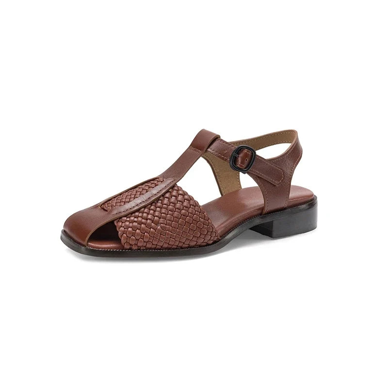 leather woven cowhide round toe