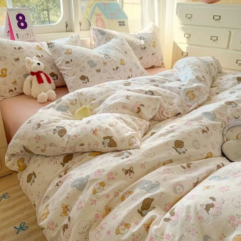 Fashion Floral Duvet Cover Set with Flat Sheet Pillowcase No Filler Girls Twin Full Queen Size Korean Soft Bedding Set