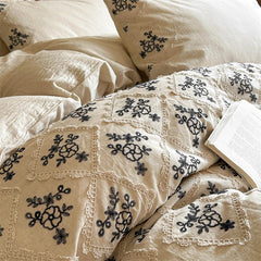 Bohemian Cotton Linen Bedding Set, Ethnic Floral Embroidery, Vintage Farmhouse Duvet Cover Flat/Fitted Bed Sheet Pillowcase 4Pcs