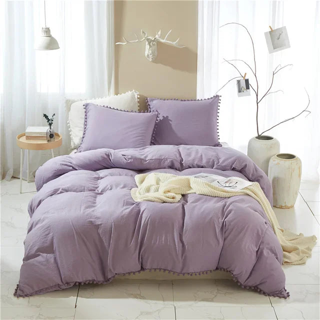 Twin Queen Size Solid Color Duvet Cover Set Pom Tassel Soft Microfiber Bedding Set