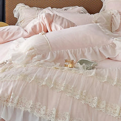 Three-layer Lace Ruffles Bow Princess Wedding Bedding Set