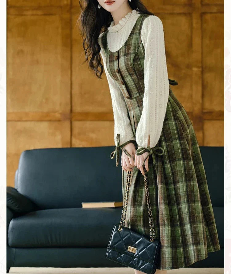 Harmony Plaid Wool Dark Academia Cottage Dress