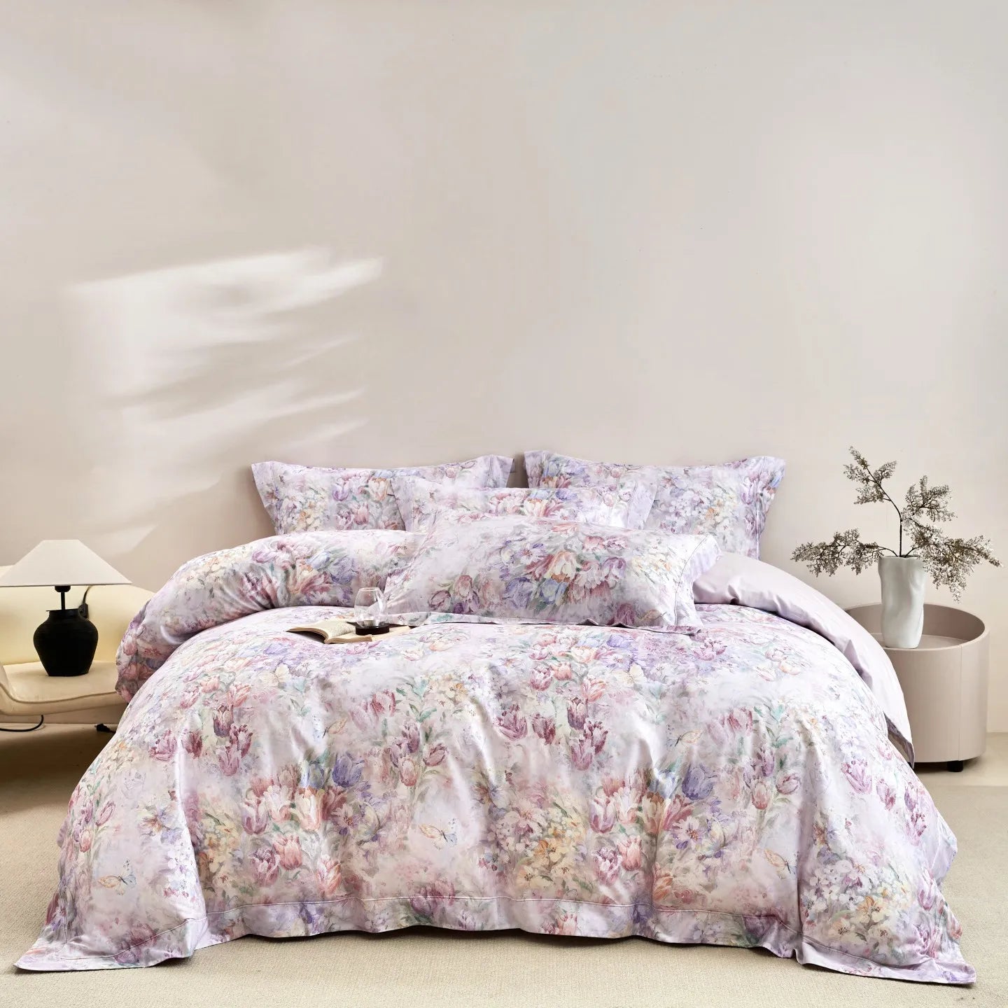 600TC Egyptian Cotton Flowers Print Queen King Size Luxury Bedding Set