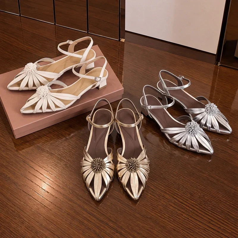 Sheepskin Flower Hollow Breathable High-Heeled High-End French Toe Sandals
