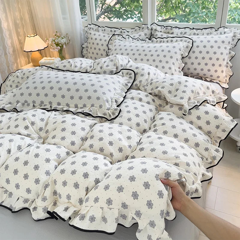 Heart Print Duvet Cover Set Princess Style Lace Ruffles Bedding Set