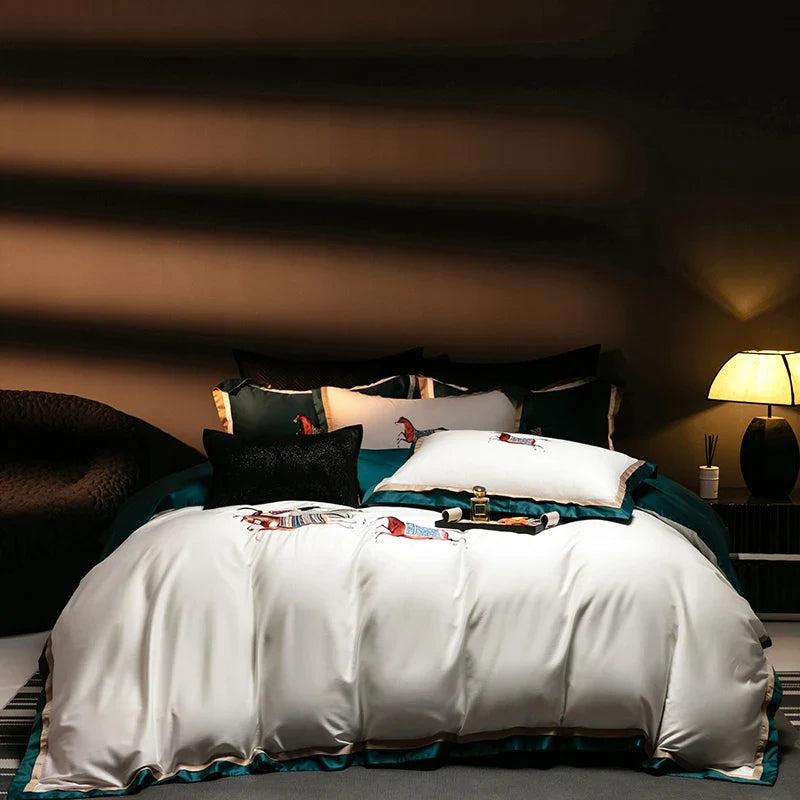 1000TC Satin Egyptian Cotton Bedding Set, Horse Embroidery, Queen, King, Duvet Cover Set, Flat/Fitted Bed Sheet, Pillowcases