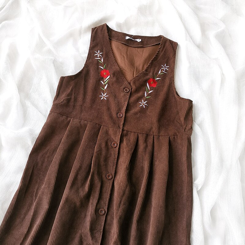 Meadow Petal Corduroy Flower Embroidered Cottagecore Dress