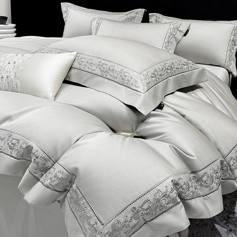 600TC Egyptian Cotton Bedding Set, Luxury Embroidery Duvet Cover with Pillowcases, Flat/Fitted Bed Sheet for Home Hotel, 4Pcs