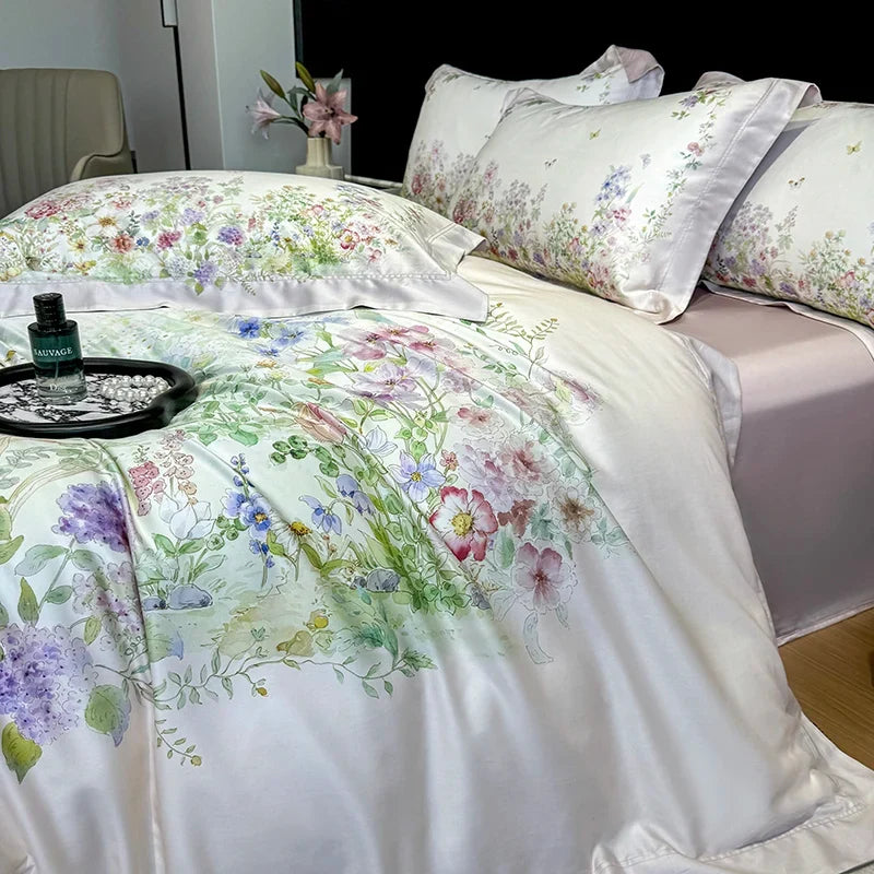 1000TC Lyocell Cotton Flowers Plant Prints Luxury Bedding Set