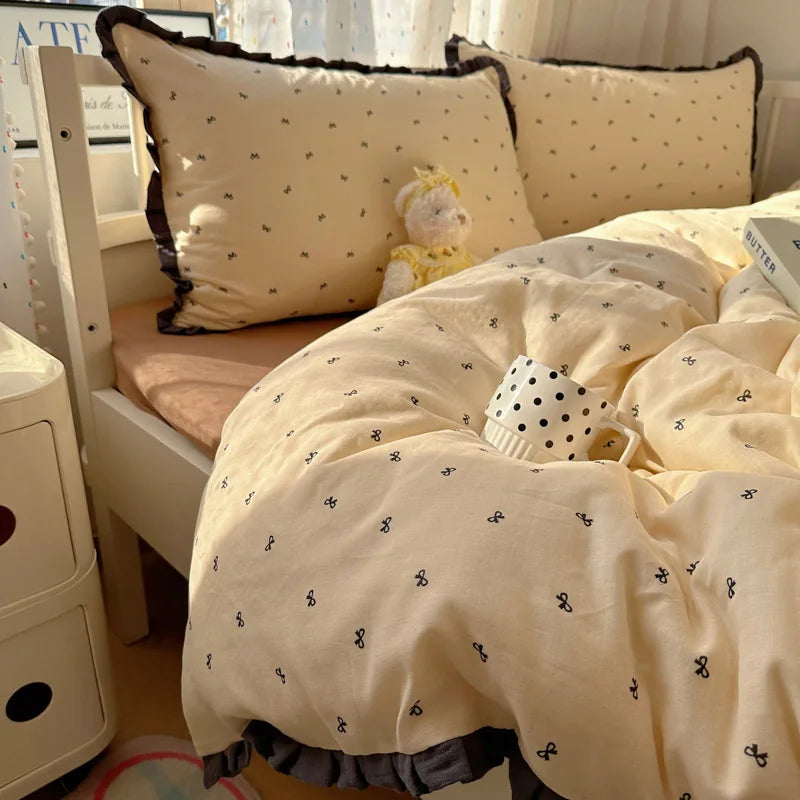 French Style Lace Trim Washed Cotton 4 Piece Bedding Set