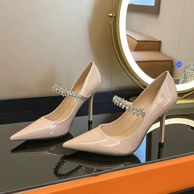 French Rhinestone Pointed White High Heels
