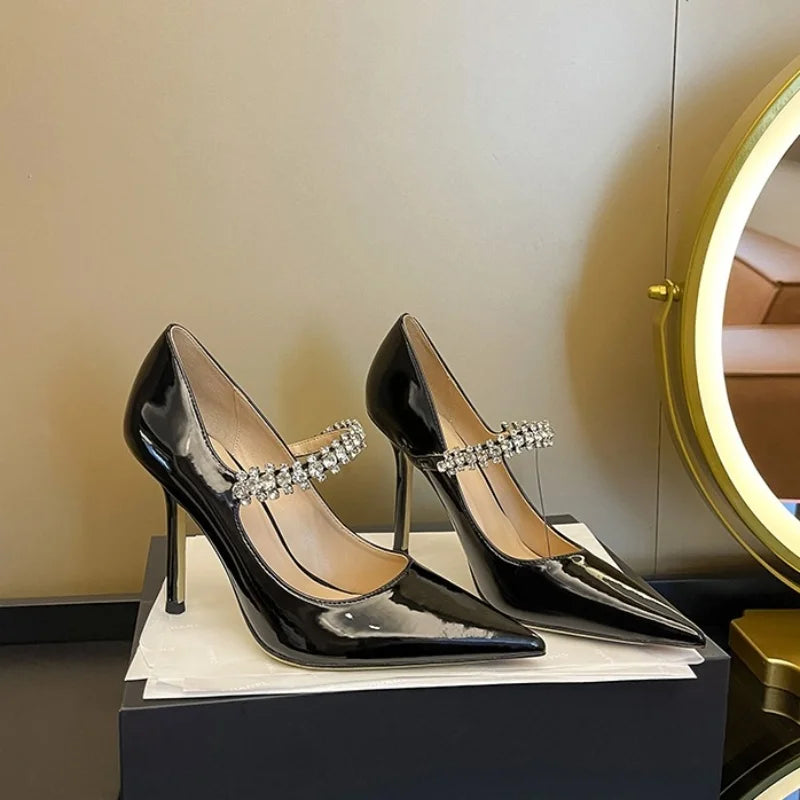 French Rhinestone Pointed White High Heels