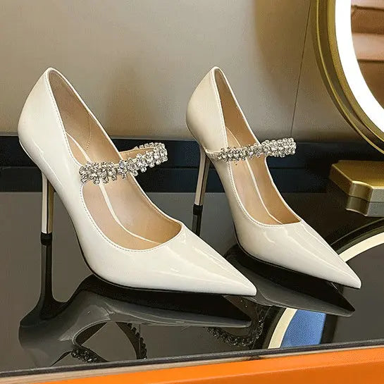 French Rhinestone Pointed White High Heels