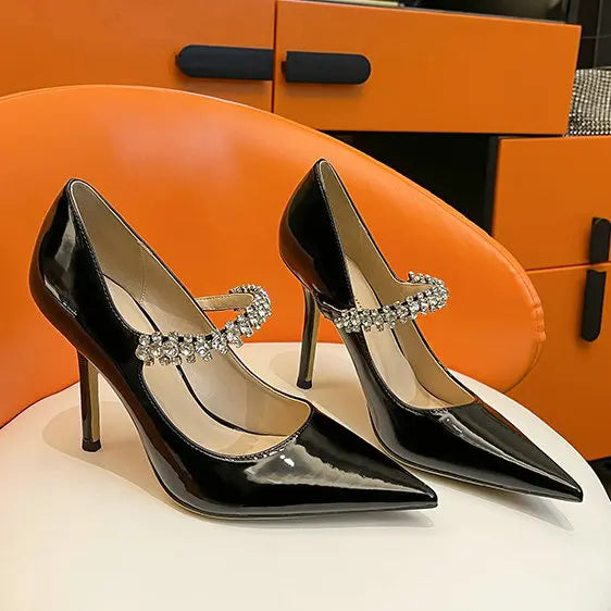French Rhinestone Pointed White High Heels