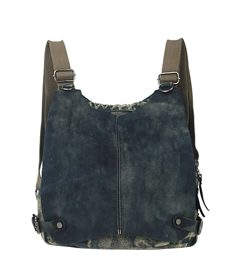 Style Khaki Calf Leather Patchwork Canvas Backpack Satchel Bag