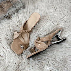 Braided Strap Women Slippers Metal Clip Toe Thick Heel